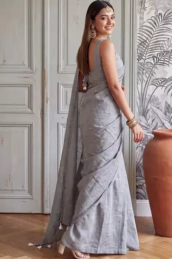 Grey embellished zari  cotton handloom khadi saree