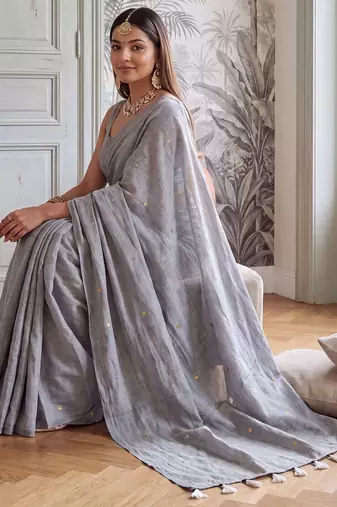Grey embellished zari  cotton handloom khadi saree