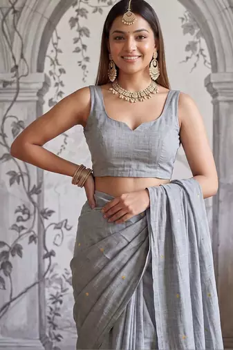 Grey embellished zari  cotton handloom khadi saree