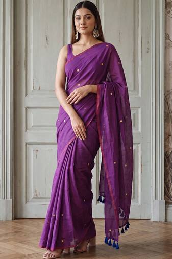 Purple polka dot sequinned  cotton handloom khadi saree