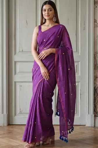 Purple polka dot sequinned  cotton handloom khadi saree