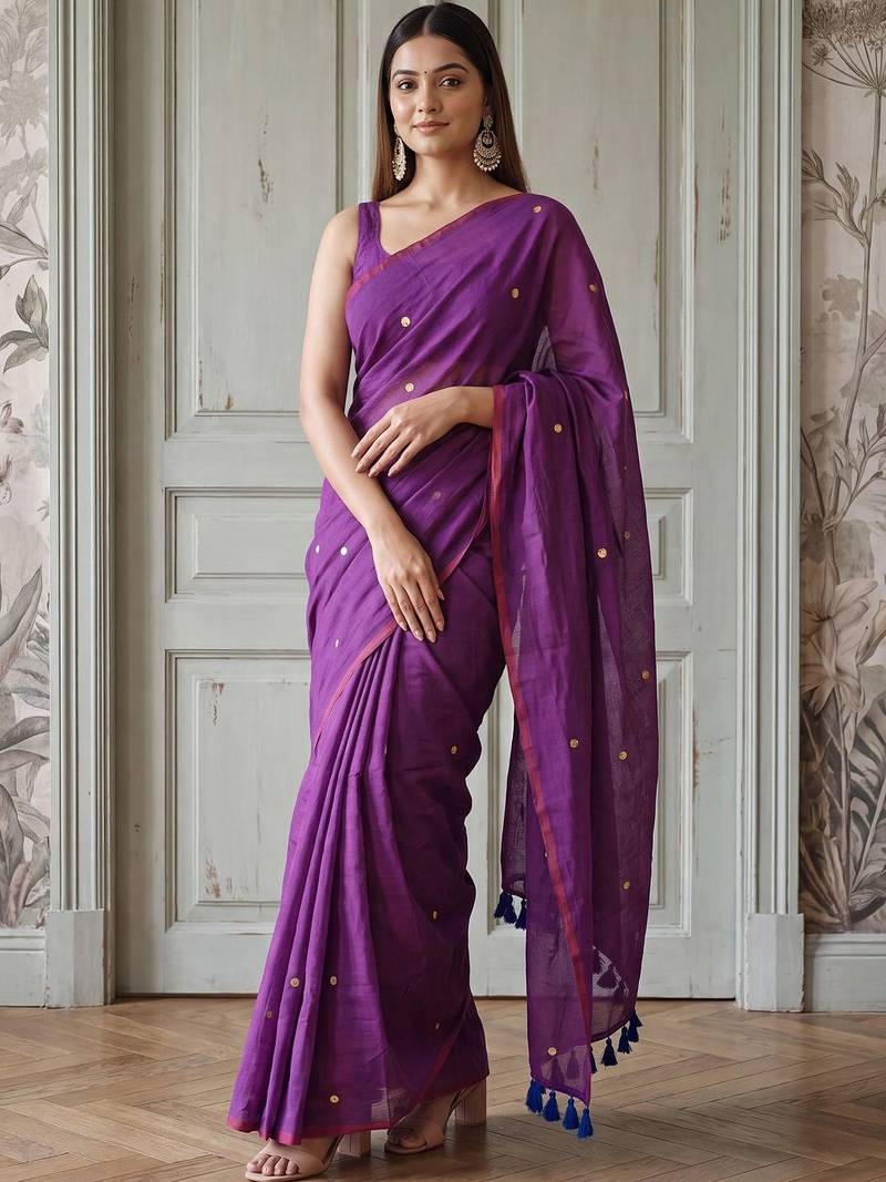 Purple polka dot sequinned  cotton handloom khadi saree
