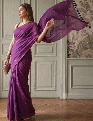 Purple polka dot sequinned  cotton handloom khadi saree 2