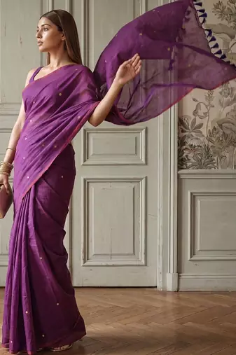Purple polka dot sequinned  cotton handloom khadi saree