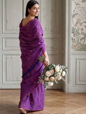 Purple polka dot sequinned  cotton handloom khadi saree 3