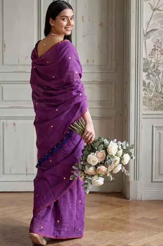 Purple polka dot sequinned  cotton handloom khadi saree