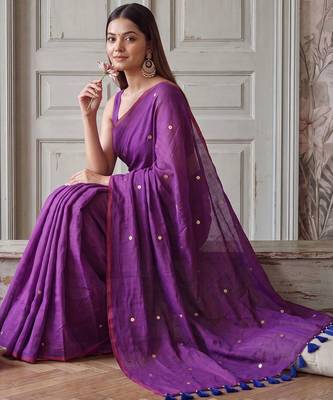Purple polka dot sequinned  cotton handloom khadi saree 4