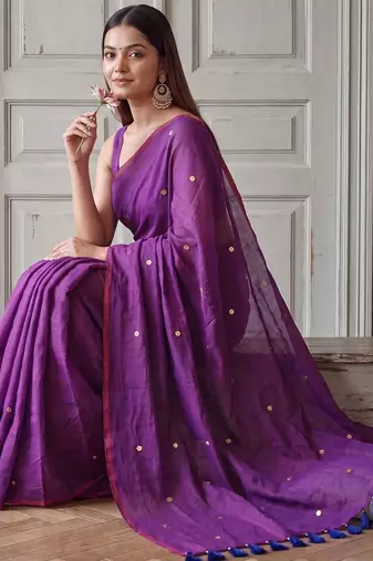 Purple polka dot sequinned  cotton handloom khadi saree