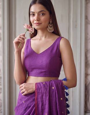 Purple polka dot sequinned  cotton handloom khadi saree 5