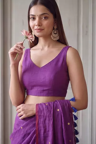 Purple polka dot sequinned  cotton handloom khadi saree