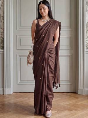 Brown embellished sequinned  cotton fusion khadi saree 1