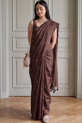 Brown embellished sequinned  cotton fusion khadi saree