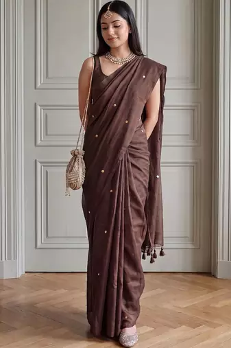 Brown embellished sequinned  cotton fusion khadi saree
