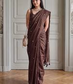Brown embellished sequinned  cotton fusion khadi saree