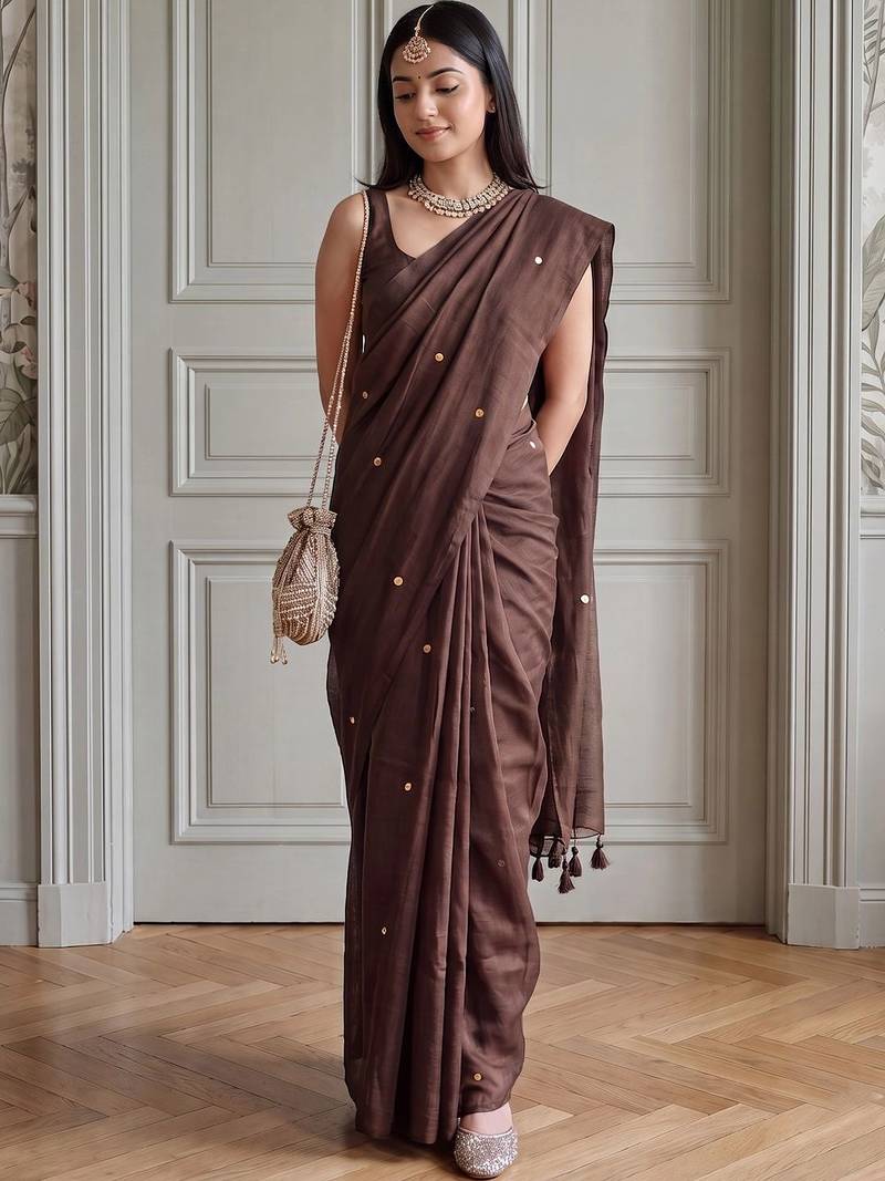Brown embellished sequinned  cotton fusion khadi saree