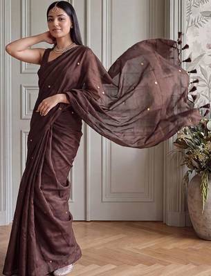 Brown embellished sequinned  cotton fusion khadi saree 2