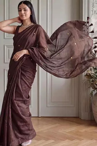 Brown embellished sequinned  cotton fusion khadi saree