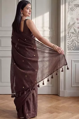 Brown embellished sequinned  cotton fusion khadi saree