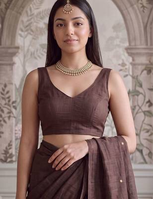 Brown embellished sequinned  cotton fusion khadi saree 5
