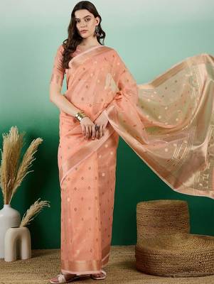 Peach ethnic motif zari woven kanjeevaram saree with blouse 1