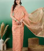 Peach ethnic motif zari woven kanjeevaram saree with blouse