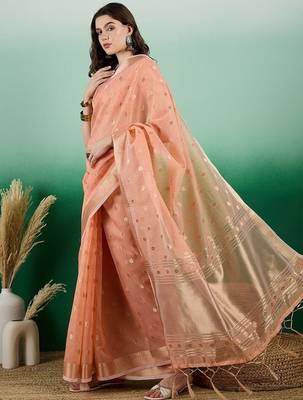 Peach ethnic motif zari woven kanjeevaram saree with blouse 2