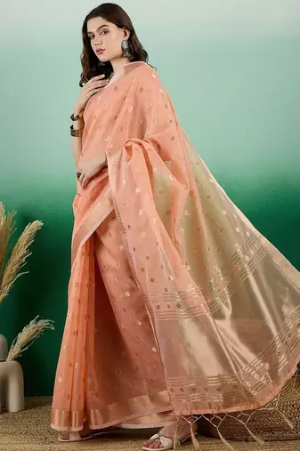 Peach ethnic motif zari woven kanjeevaram saree with blouse