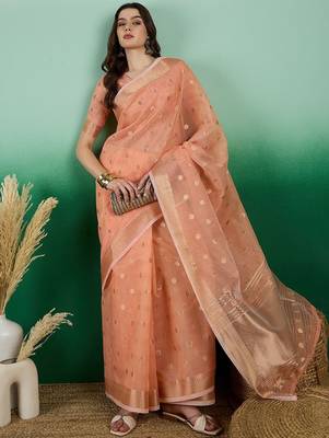 Peach ethnic motif zari woven kanjeevaram saree with blouse 4