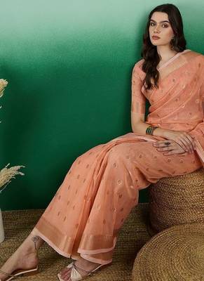 Peach ethnic motif zari woven kanjeevaram saree with blouse 5