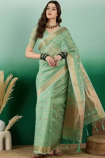 Green ethnic motif zari woven kanjeevaram saree with blouse