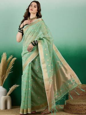 Green ethnic motif zari woven kanjeevaram saree with blouse 4