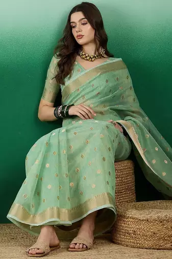 Green ethnic motif zari woven kanjeevaram saree with blouse