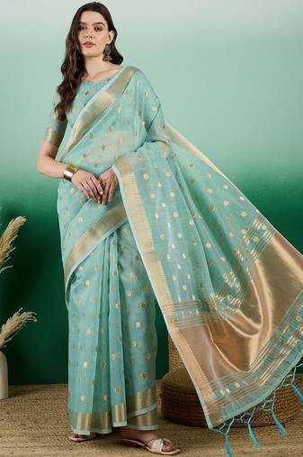 Blue ethnic motif zari woven kanjeevaram saree with blouse