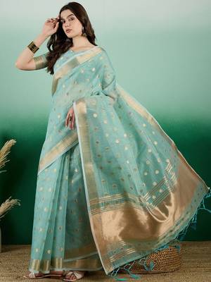 Blue ethnic motif zari woven kanjeevaram saree with blouse 2