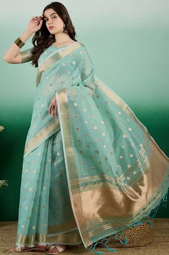 Blue ethnic motif zari woven kanjeevaram saree with blouse