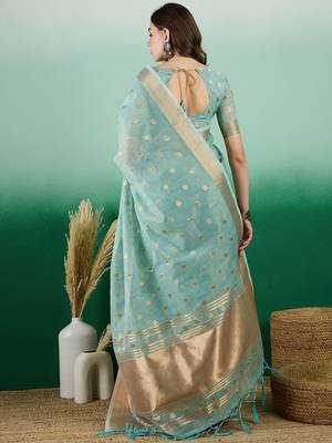 Blue ethnic motif zari woven kanjeevaram saree with blouse 3