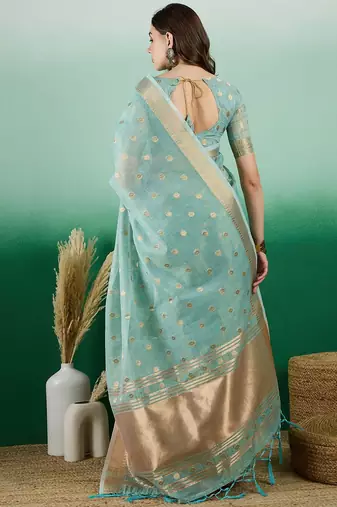 Blue ethnic motif zari woven kanjeevaram saree with blouse