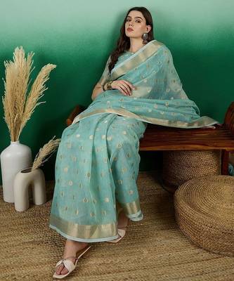 Blue ethnic motif zari woven kanjeevaram saree with blouse 4