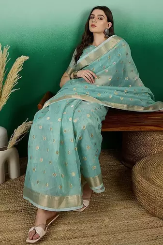 Blue ethnic motif zari woven kanjeevaram saree with blouse