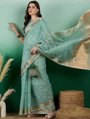 Blue ethnic motif zari woven kanjeevaram saree with blouse 5