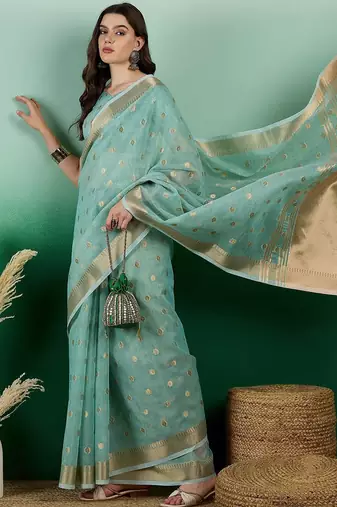 Blue ethnic motif zari woven kanjeevaram saree with blouse