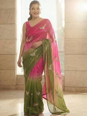 Pink embellished sarees with unstitched blouse piece 1