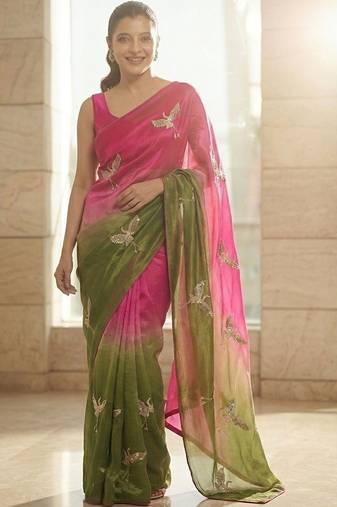Pink embellished sarees with unstitched blouse piece