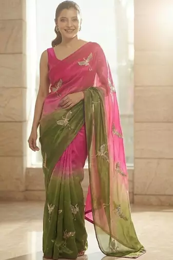 Pink embellished sarees with unstitched blouse piece