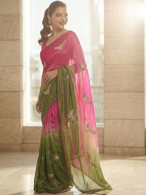 Pink embellished sarees with unstitched blouse piece 2