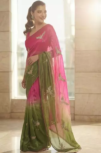 Pink embellished sarees with unstitched blouse piece