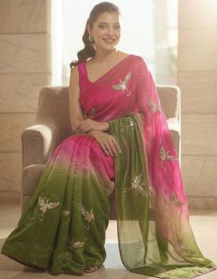 Pink embellished sarees with unstitched blouse piece 4