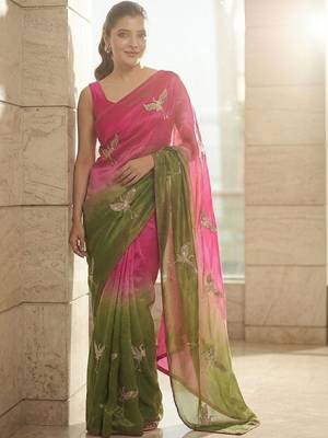 Pink embellished sarees with unstitched blouse piece 5