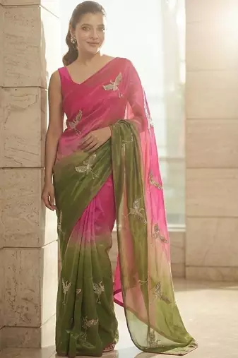 Pink embellished sarees with unstitched blouse piece