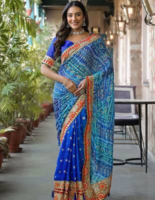 Blue women bandhani embroidered  chiffon fusion bandhani saree 1